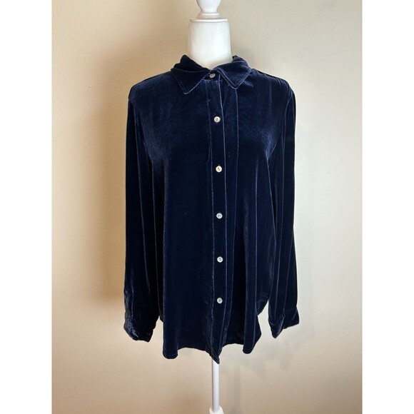 Boston Proper L Silk Velvet Button Up Shirt Top Blouse Blue Long Sleeve - Picture 1 of 4